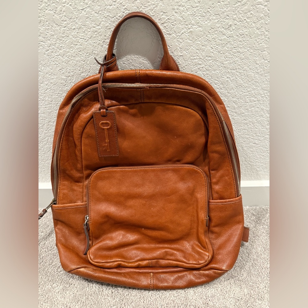 Fossil Tan Leather Backpack in Warm Cognac